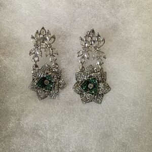 Elegant Silver and Green Sparkly Floral Earrings